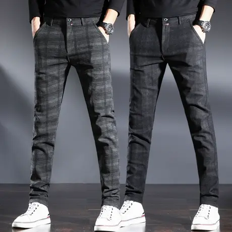 男裤子夏季薄款格子裤休闲长裤男修身小脚男士商务春秋款西裤春季商品大图