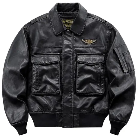 VIP翻领皮衣男大码飞行员皮夹克美式复古工装外套潮流帅气机车服商品大图