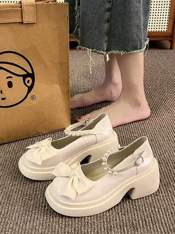 赫本风蝴蝶结小皮鞋女英伦2023秋冬新款粗跟配裙百搭jk玛丽珍单鞋商品大图