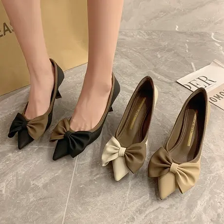永希高跟鞋女春季2024新款蝴蝶结气质单鞋尖头浅口细跟一脚蹬女鞋商品大图