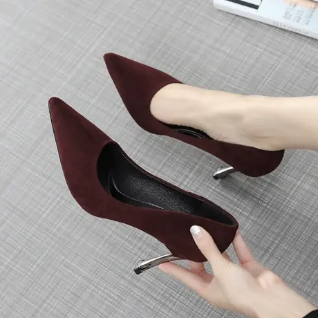 网红高跟鞋女2024年春夏新款尖头细跟单鞋性感职业鞋酒红色宴会鞋图片