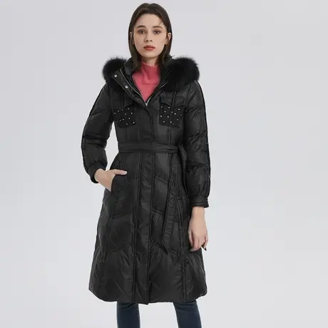 朗姿冬季新款中长款白鹅绒收腰显瘦女式羽绒服图片
