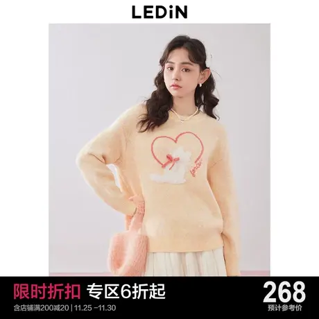 乐町奶呼呼圆领毛衣女2023年冬季新款立体爱心猫咪宽松圆领针织衫商品大图
