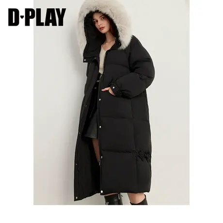 DPLAY冬气质黑色狐狸毛领连帽中长款盘扣保暖羽绒服加厚外套商品大图