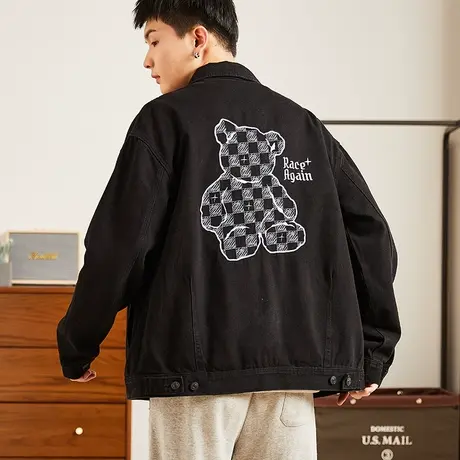 唐狮2023春季新款男外套后背印花棋盘格牛仔外套休闲牛仔衣男夹克商品大图