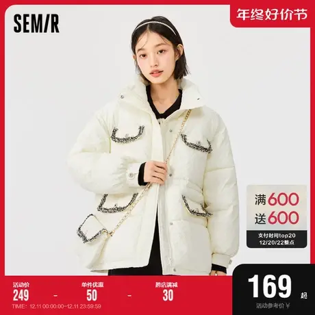 森马棉服女中长款千鸟格立领外套2022冬新款小香风优雅薄棉衣甜美图片