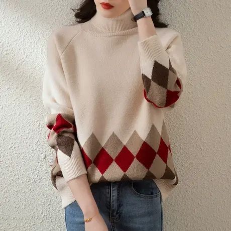 53153新款韩版宽松高领套头针织衫女士百搭毛衣拼色打底衫上衣图片