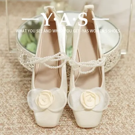 新中式甜美花朵仙女鞋配裙子温柔粗跟山茶花玛丽珍鞋法式绸缎婚鞋商品大图