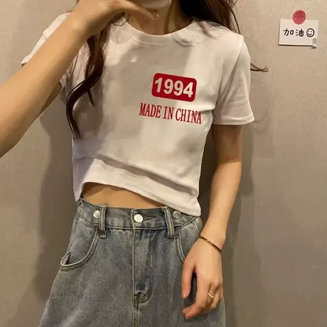 圆领修身短袖T恤女字母印花百搭上衣2023夏季短款设计感小众上衣商品大图