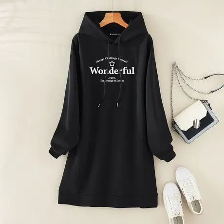 真维斯Z+女装 简约字母印花中长款卫衣女连帽慵懒风宽松上衣X图片