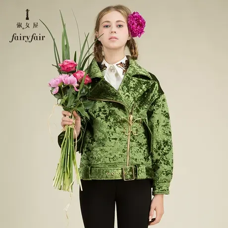 淑女屋秋冬装翻领丝绒短外套绿色柔软决斗宽松短款上衣加厚保暖女图片