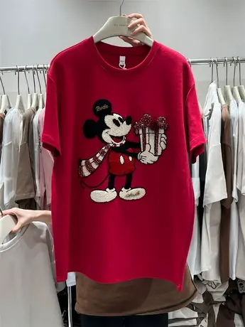 红色米奇短袖T恤女冬欧货大版中长款纯棉打底衫洋气百搭半袖上衣商品大图