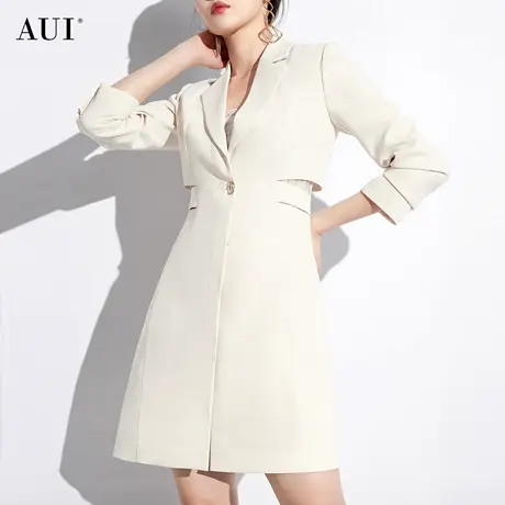 AUI杏色设计感职业西装外套女2024年早春新款气质中长款休闲西服商品大图