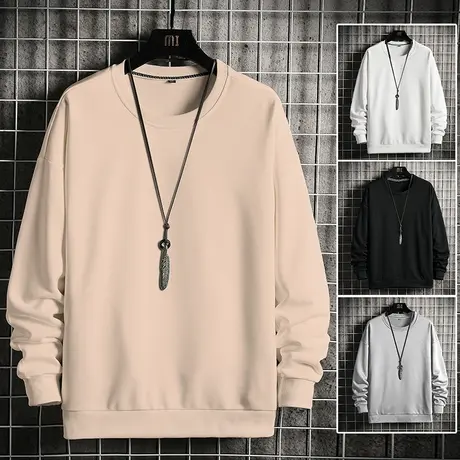 百搭圆领卫衣男春秋季潮牌纯色内搭打底衫宽松情侣装港风无帽上衣图片