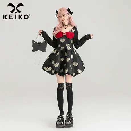 KEIKO 高端缎面蝴蝶提花连衣裙春季新年千金风显瘦蓬蓬花苞裙子图片