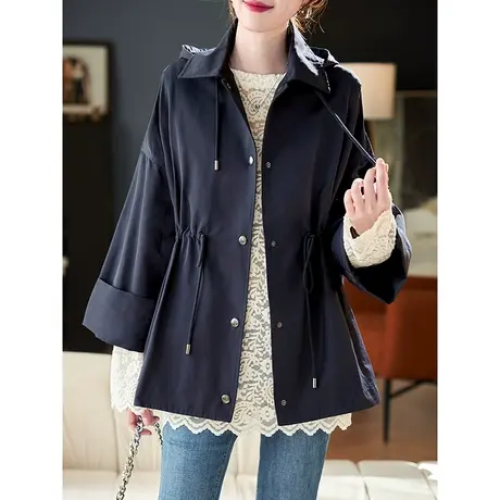 宝诗黎蝙蝠袖抽绳收腰风衣2024新款宽松休闲春季百搭长袖外套女商品大图