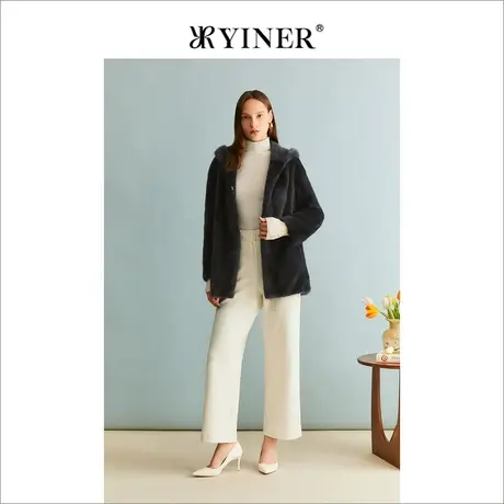 YINER音儿冬季绒暖水貂毛皮真皮保暖连帽皮草廓形大衣图片