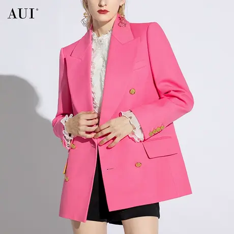 AUI粉色减龄廓形宽松西装外套女2024年春秋新款职业休闲垫肩西服图片