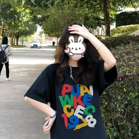 纯棉设计感趣味字母印花短袖t恤女夏季新款宽松港味chic半袖上衣商品大图