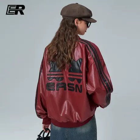 【呼呼专享】ER条纹痞帅PU皮衣夹克2024春美式校园潮牌休闲棒球服图片