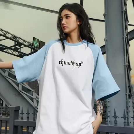 美式街头插肩华夫格短袖男潮牌潮流T恤半截袖宽松半袖情侣装夏季图片