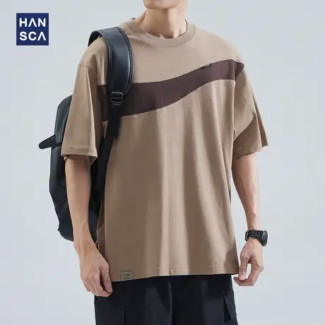 hansca 日系潮流不规则拼接短袖t恤男夏季圆领重磅撞色半袖上衣服商品大图