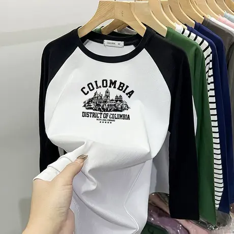 2024早春t恤女宽松显瘦ins潮拼色复古圆领纯棉打底衫内搭磨毛冬季图片