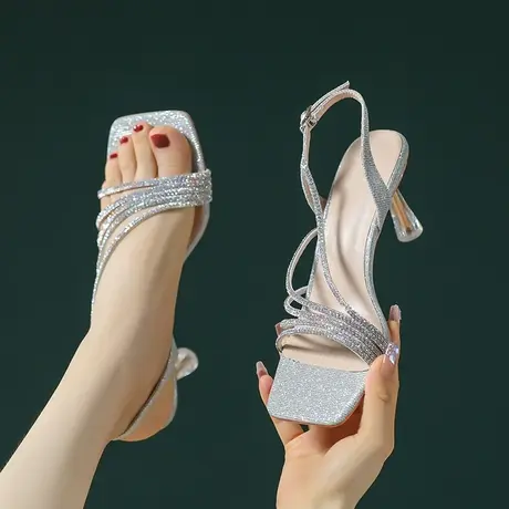 凉鞋女夏2024新款露趾方头水钻一字带细跟气质高跟鞋仙女风配裙子商品大图