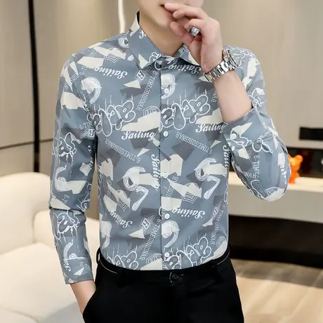 秋季韩版长袖衬衫男士休闲时尚印花寸衫潮流痞帅气衬衣百搭上衣服商品大图