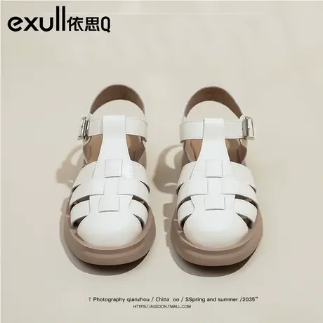 依思q包头罗马凉鞋女2024春季新款法式编织缕空洞洞复古休闲单鞋图片