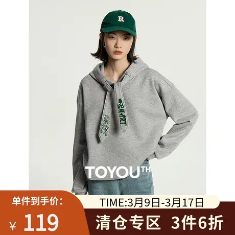 TOYOUTH初语别致帽绳连帽卫衣女2023秋季新款加绒保暖上衣外套商品大图