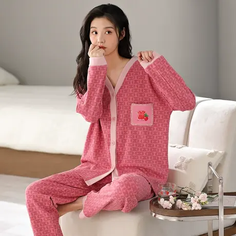 婷美新款睡衣女士纯棉春秋款开衫长袖简约秋冬季家居服套装可外穿商品大图