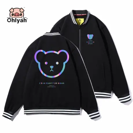 小熊反光炸街情侣装棒球服外套女男秋冬加绒拉链开衫夹克休闲运动商品大图