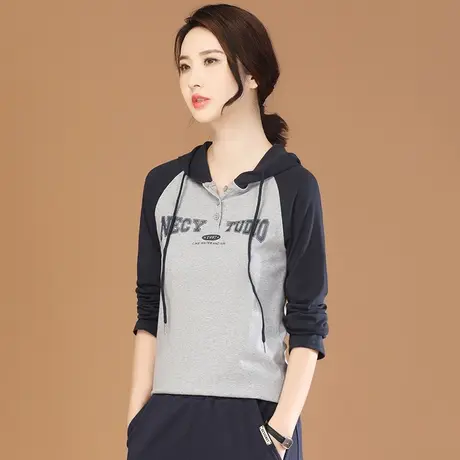 秋新品】字母印花显瘦连帽长袖T恤女2023秋新款撞色百搭套头上衣商品大图