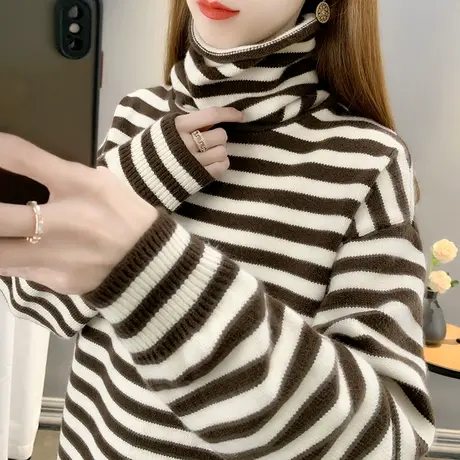 2022年秋冬新款软糯系高领毛衣女宽松外穿条纹堆堆领针织衫女毛衣图片