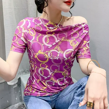 欧货性感露肩T恤女短袖时尚洋气一字领上衣设计感印花修身小衫ins商品大图