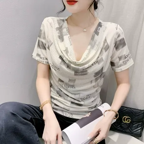 设计感印花短袖T恤女2023夏季新款性感荡领网纱上衣重工烫钻小衫商品大图