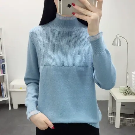 半高领宽松外穿女士毛衣2021秋冬新款洋气加厚蕾丝拼接打底衫上衣商品大图