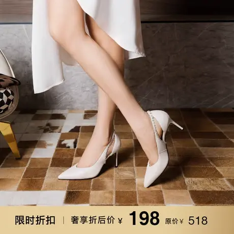 熙漫2023新款镂空设计感小众欧美单鞋真皮纯色百搭细跟水钻高跟鞋图片