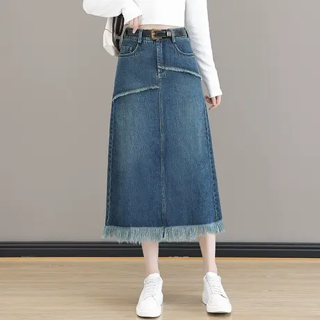 复古流苏开叉牛仔半身裙女2023春秋新款高腰显瘦遮跨a字中长裙潮图片
