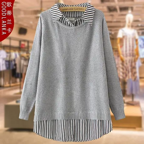 中年妈妈秋装薄款毛衣女加大码宽松时尚条纹拼接假两件针织衫上衣商品大图