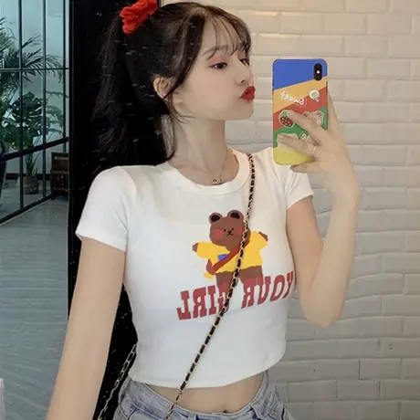 网红纯棉短袖t恤女宽松韩版原宿bf慵懒风ins超火短款露脐上衣服潮图片