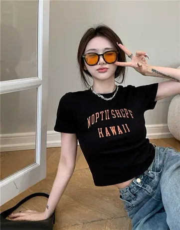 黑色字母印花短袖T恤女ins潮夏季港风辣妹短款修身显瘦上衣打底衫商品大图
