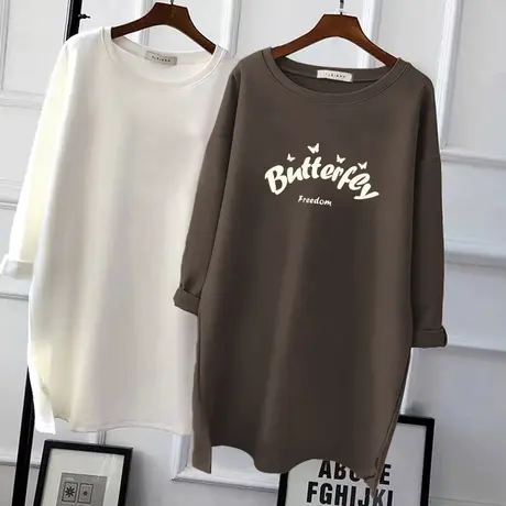 2022春秋季新款打底衫磨毛纯棉大码宽松中长款叠穿长袖T恤女上衣图片