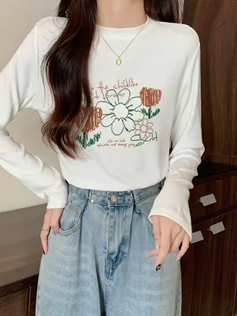 春秋装白色仿棉内搭打底衫女2023新款冬季欧货加绒长袖t恤上衣服图片