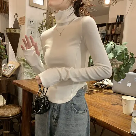 木耳边高领德绒打底衫女秋冬内搭磨毛加厚修身长袖t恤堆堆领上衣商品大图