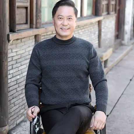 加绒加厚保暖款爸爸装秋冬季毛衣男士中老年人爷爷针织打底衫上衣商品大图