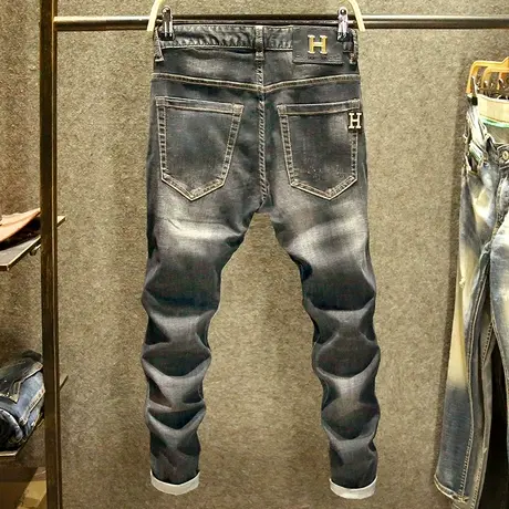 高端黑灰色牛仔裤男修身弹力小脚裤ins潮牌时尚磨白青年男装裤子商品大图