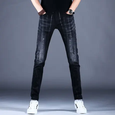 2023男士新款牛仔裤男夏季修身黑色刺绣小脚裤百搭棉弹百搭男潮牌商品大图