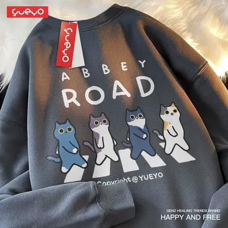 悦游 披头士猫 原创潮牌无性别复古趣味猫咪印花宽松套头卫衣男图片